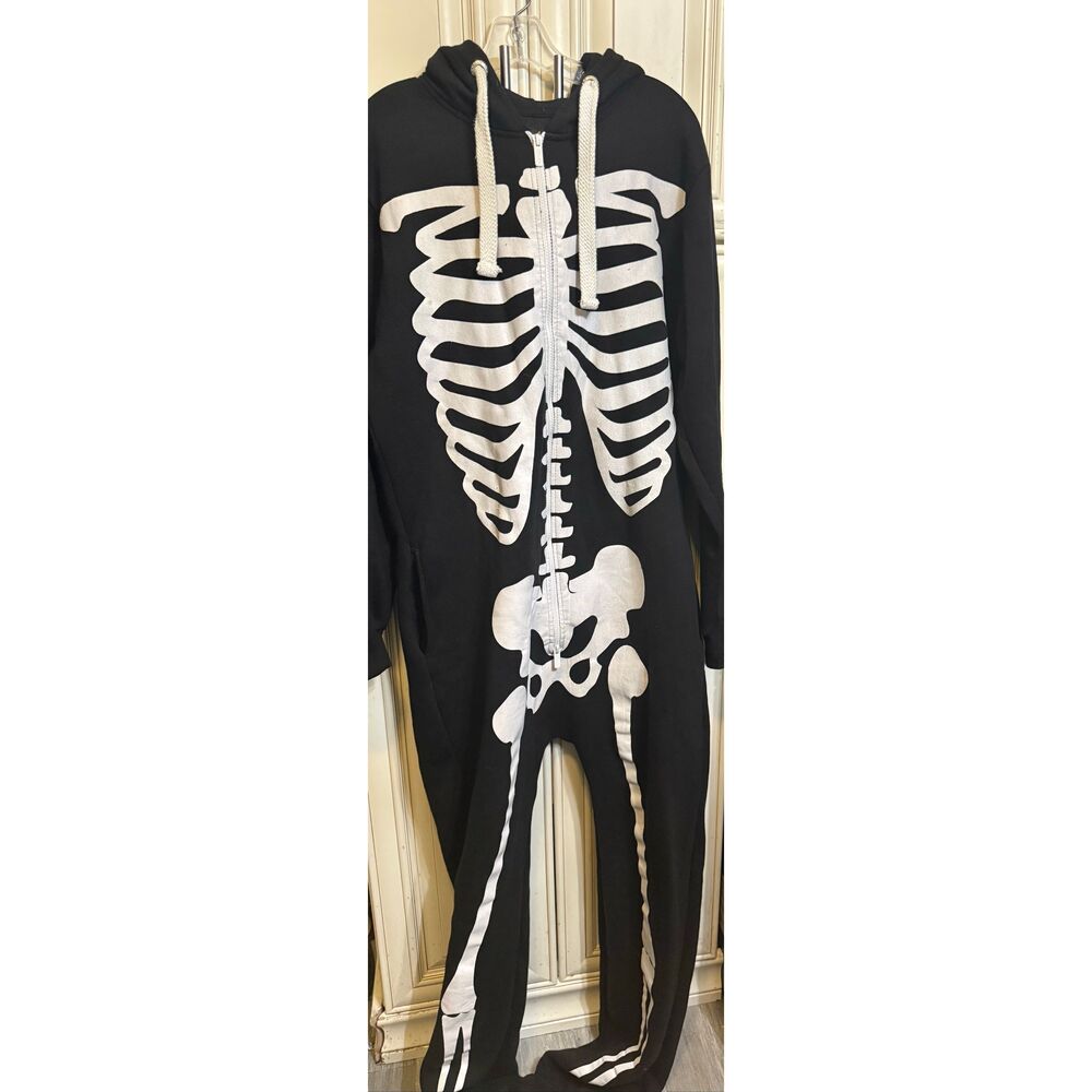 Noroze Men's Skeleton Fleece Jumpsuit Pajama Halloween Costume Black White Large